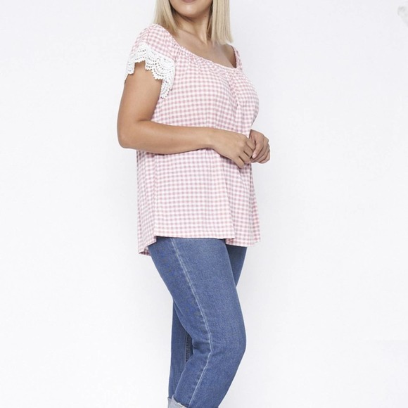 Mauve Pink Plaid Crochet off shoulder top - Picture 3 of 5